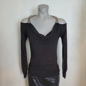 VENUS Black Off-Shoulder Top with Pearl Details